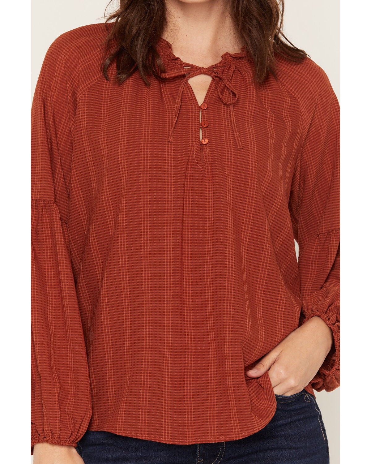 Image #3 - Lovestitch Women's Long Sleeve Button-Down Peasant Blouse, Rust Copper, hi-res