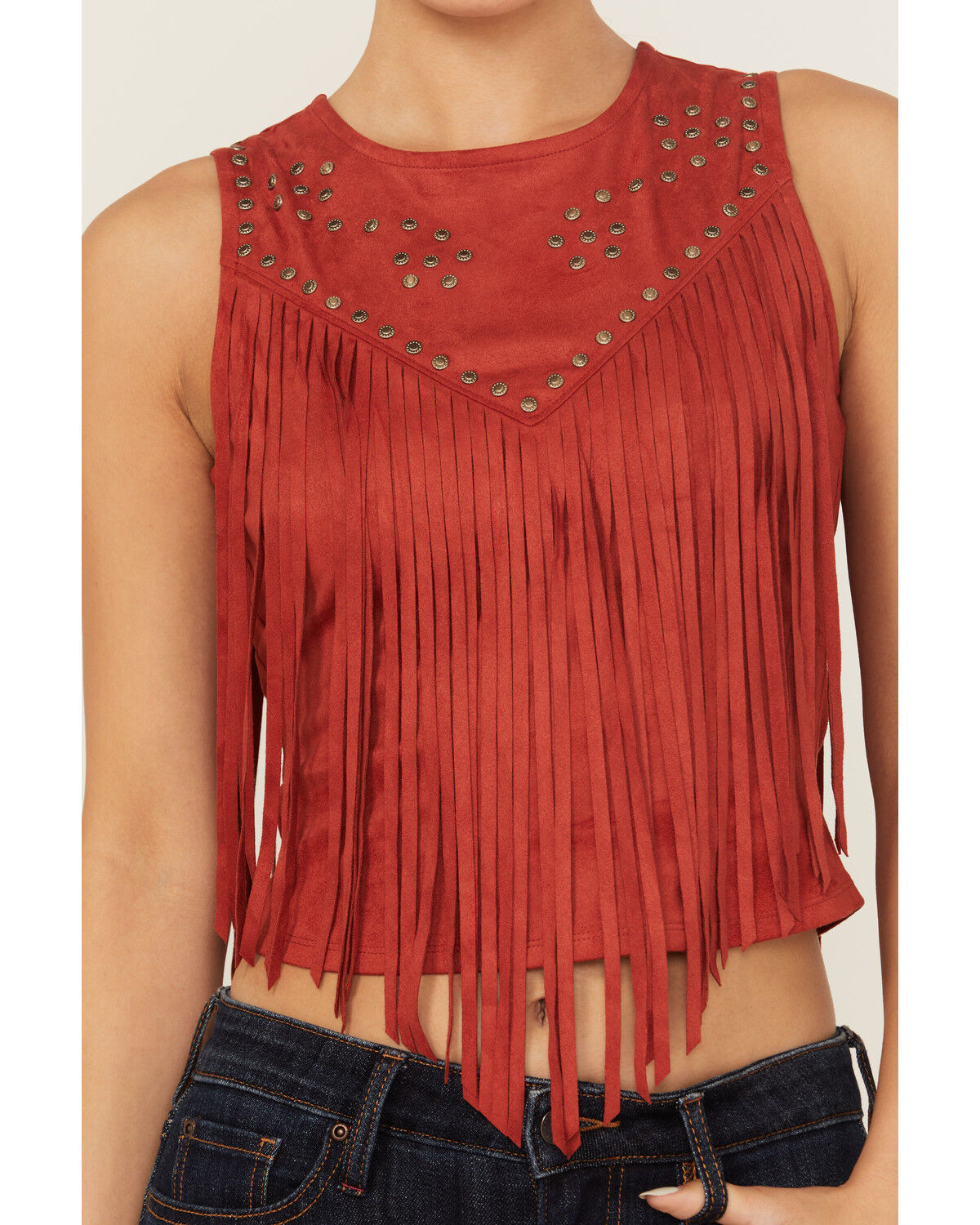 Image #3 - Idyllwind Women's Studded Fringe Faux Suede Sleeveless Shirt, Red, hi-res