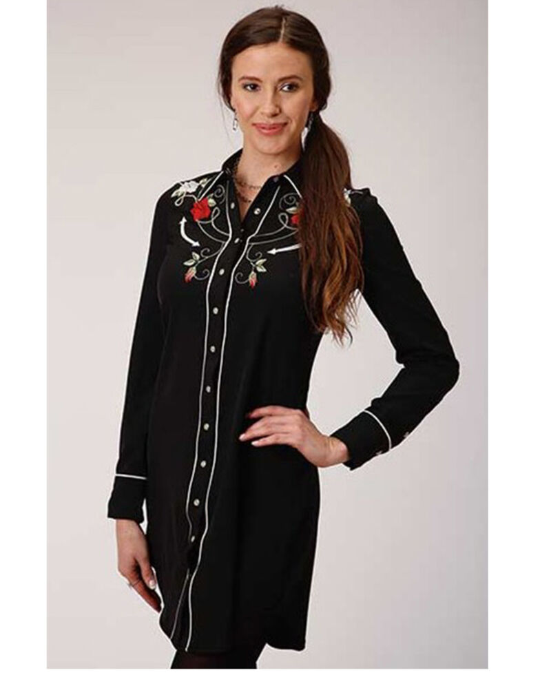 Old West Women's Rose Longhorn Long Sleeve Western Shirt, Black, hi-res