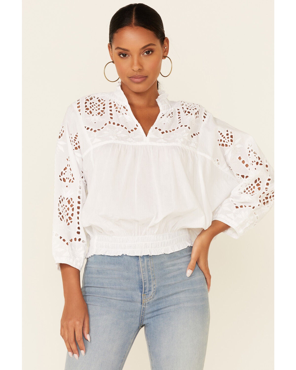 White Eyelet Smock Waist Long Sleeve 
