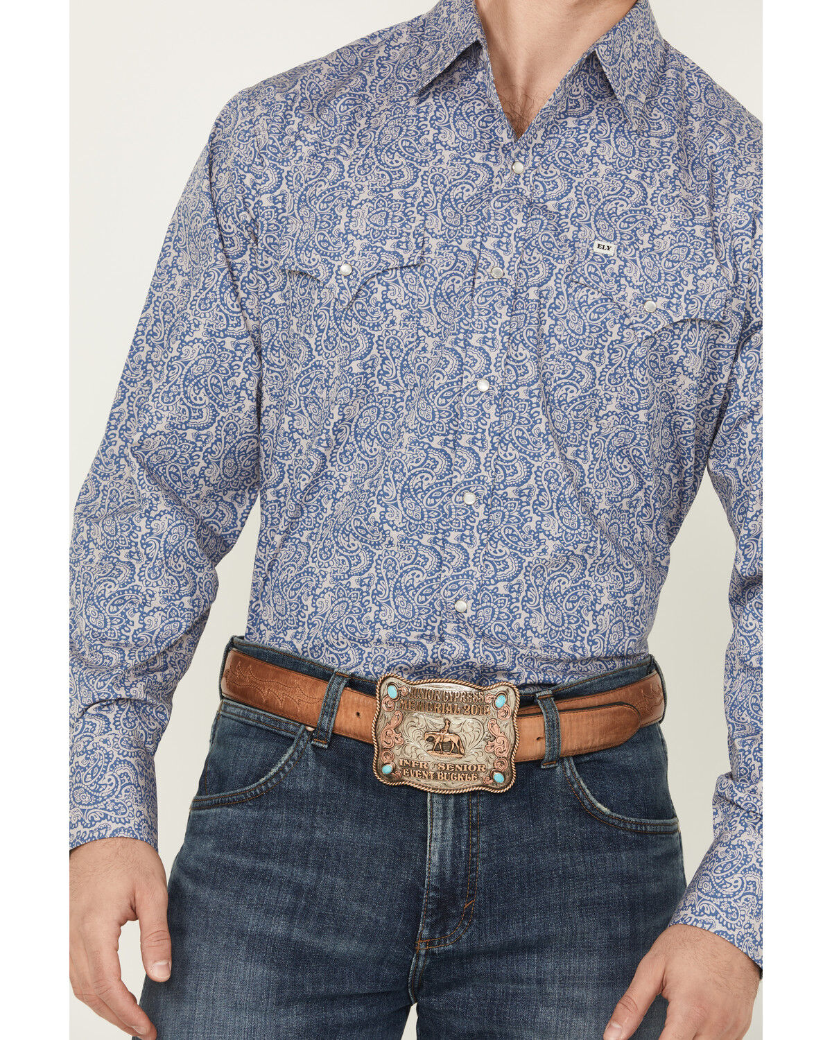 Image #3 - Ely Walker Men's Paisley Print Long Sleeve Pearl Snap Western Shirt, Navy, hi-res
