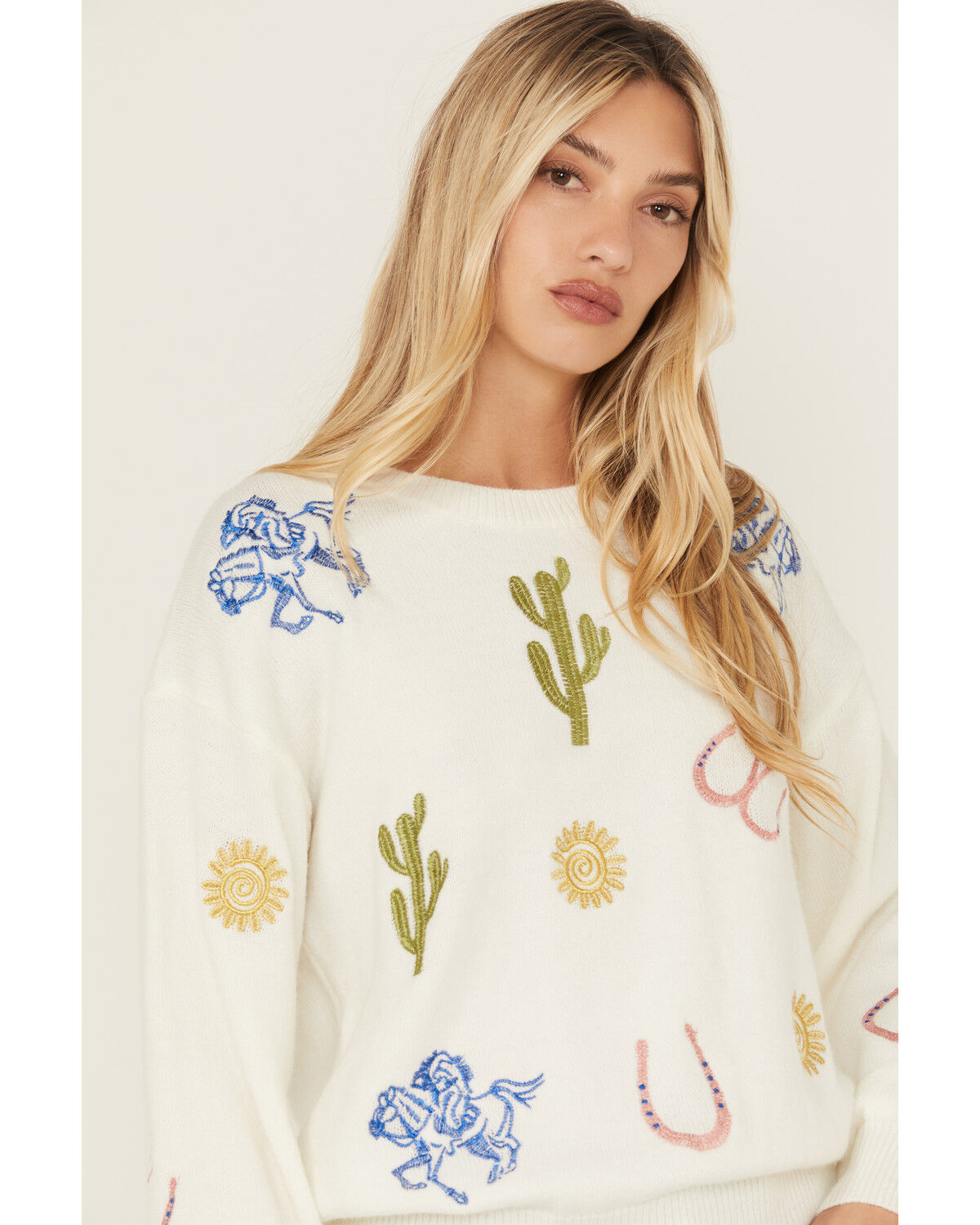 Image #2 - Blue B Women's Embroidered Conversation Print Sweater, White, hi-res