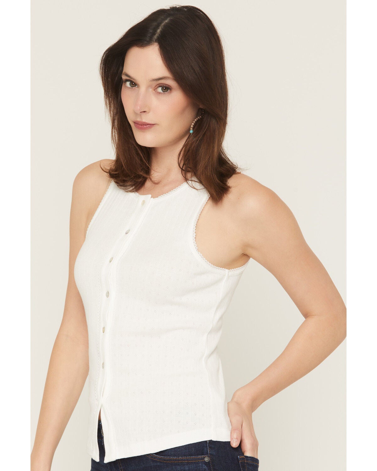 Image #2 - Blue Life Women's Evie Button-Up Pointelle Tank, White, hi-res