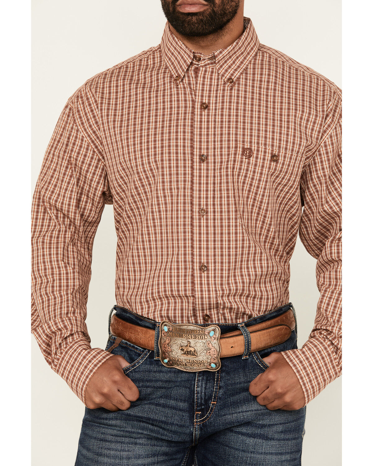 Image #3 - George Strait By Wrangler Men's Plaid Print Long Sleeve Button-Down Stretch Western Shirt, Brown, hi-res