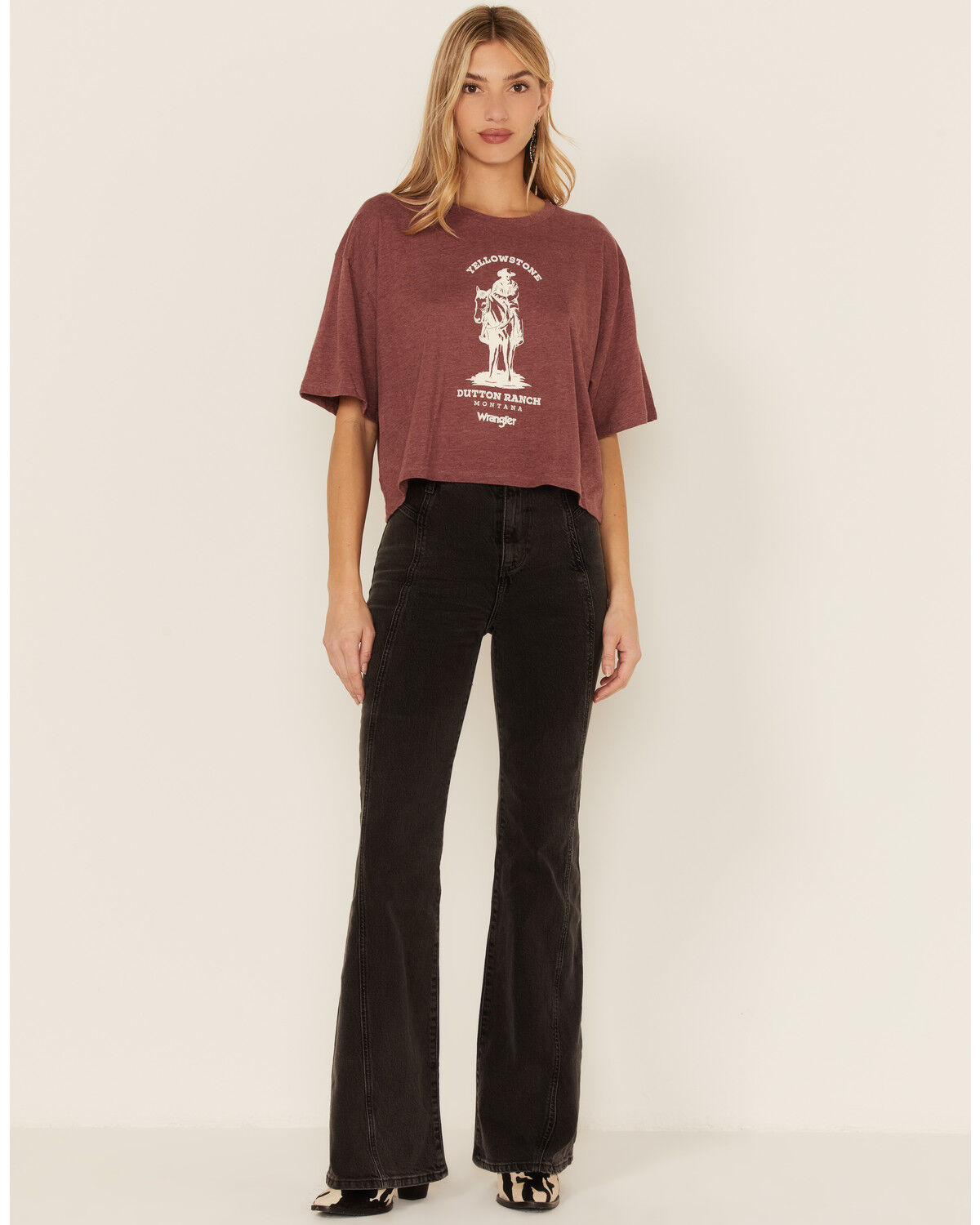 Image #4 - Wrangler Women's Yellowstone Horse Graphic Crop Tee, Burgundy, hi-res