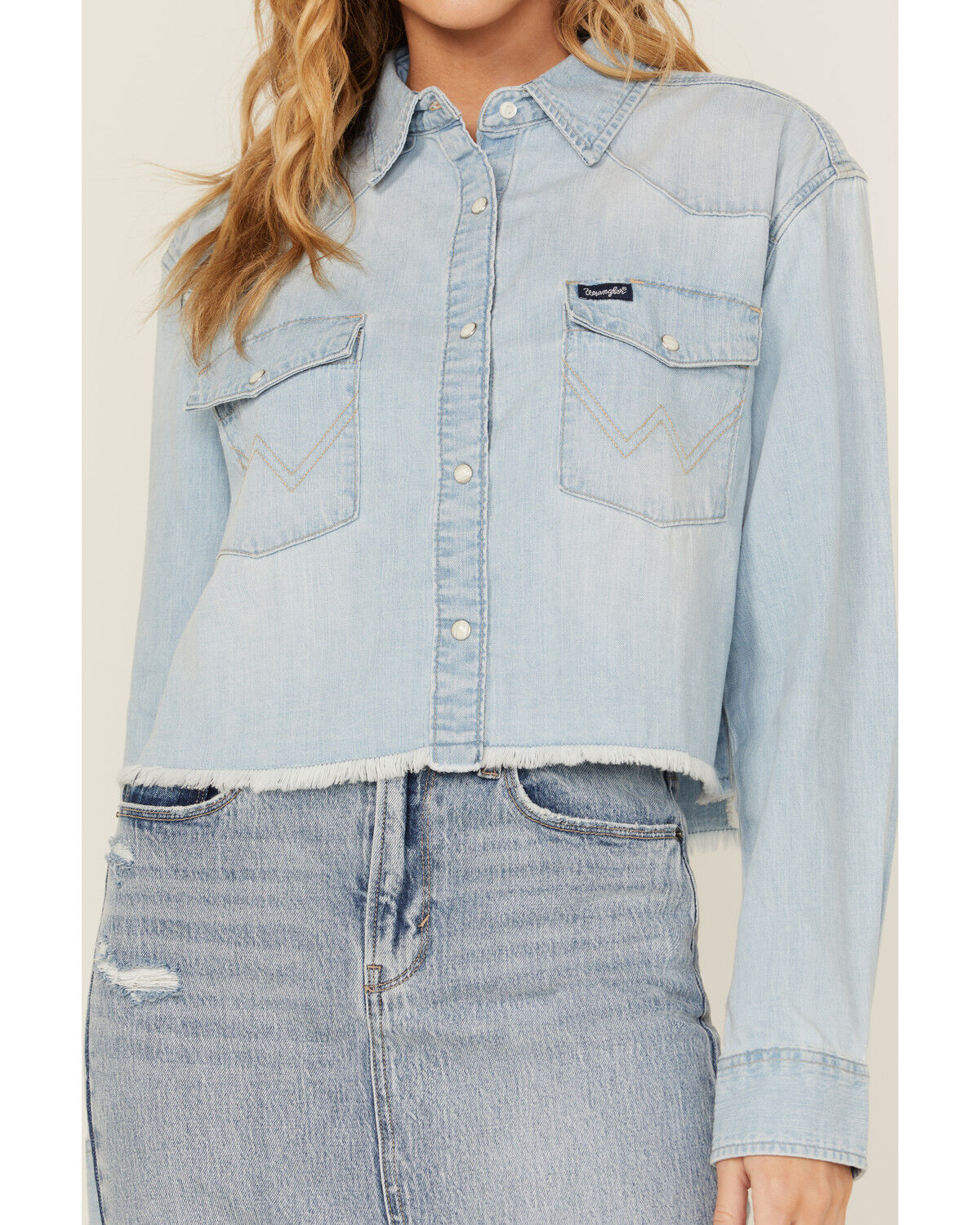 Image #3 - Wrangler Retro Women's Long Sleeve Snap Denim Cropped Western Shirt, Blue, hi-res