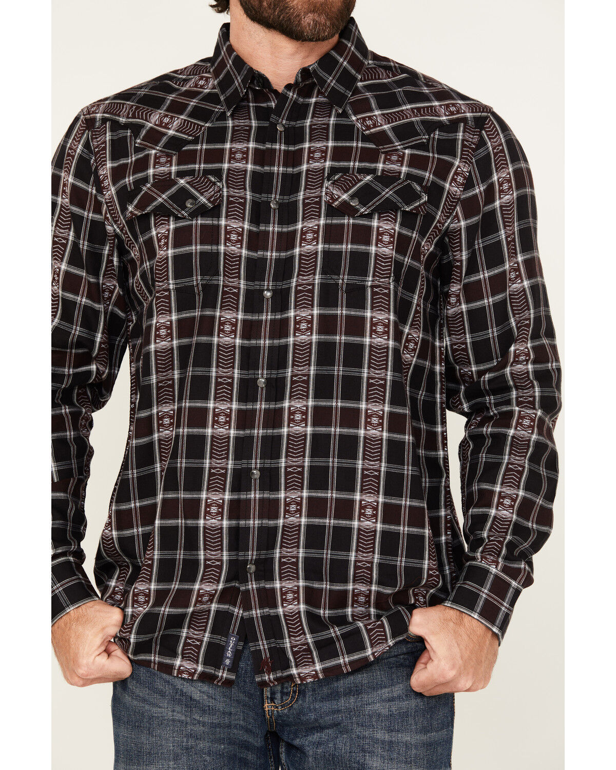 Image #3 - Moonshine Spirit Men's Dobby Plaid Print Long Sleeve Snap Wester Shirt, Black, hi-res