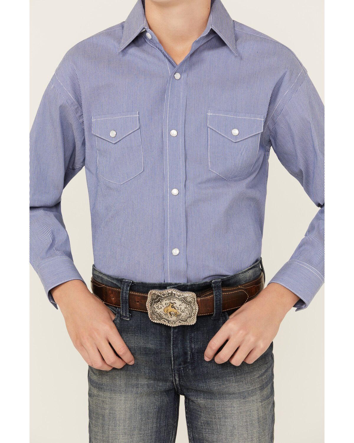 Image #3 - Rough Stock by Panhandle Boys' Striped Long Sleeve Pearl Snap Stretch Western Shirt, Blue, hi-res