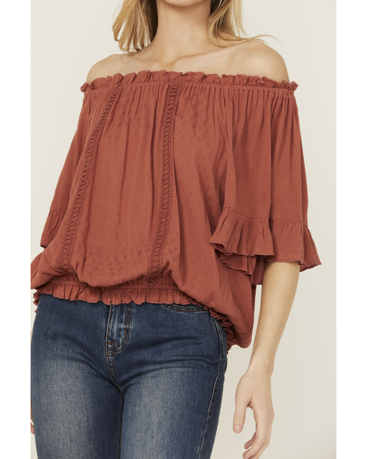 Image #3 - Band Of The Free Women's Solid Short Sleeve Off The Shoulder Blouse, Red, hi-res