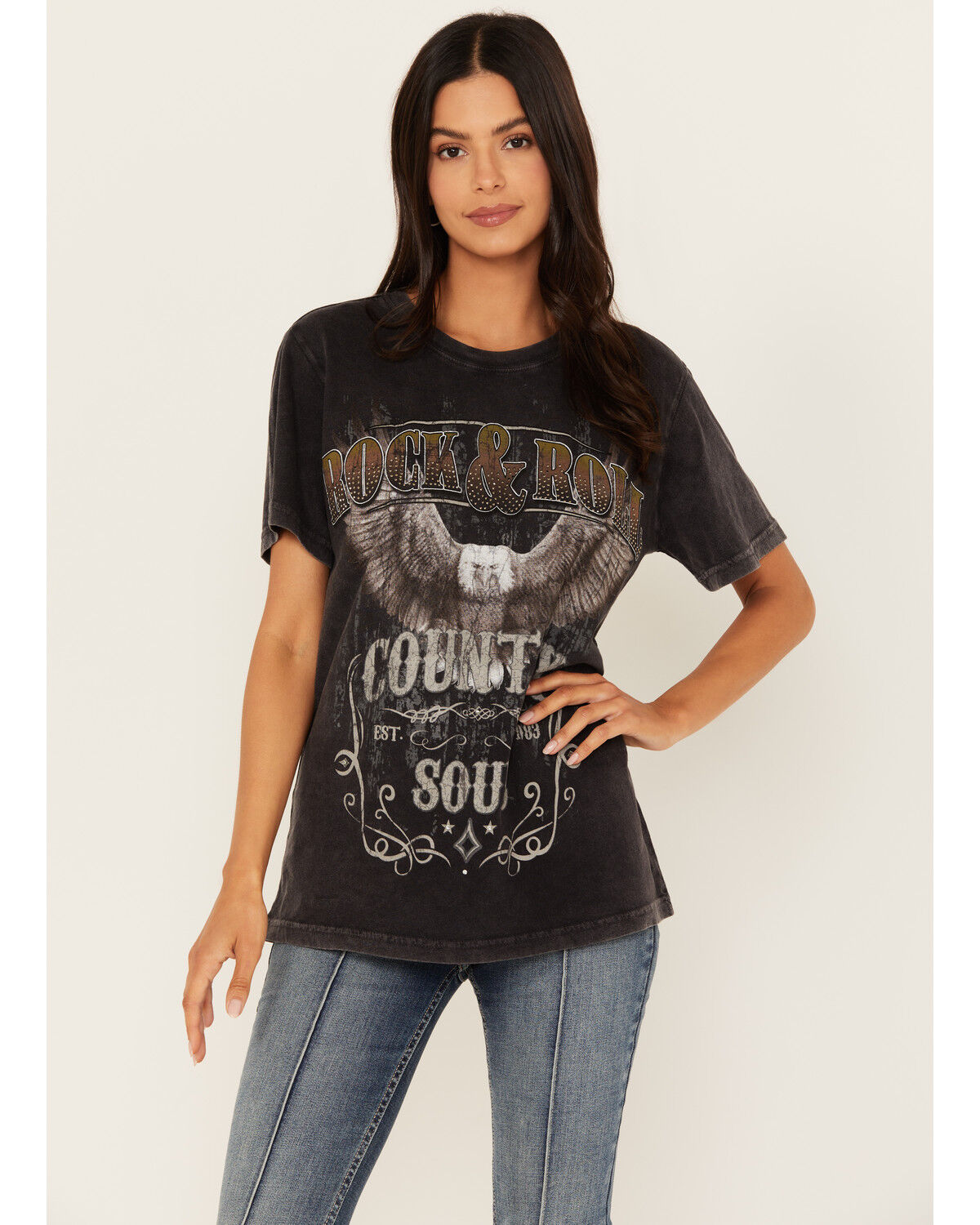 Image #1 - Idyllwind Women's Jennie Rhinestone Short Sleeve Graphic Tee, Black, hi-res