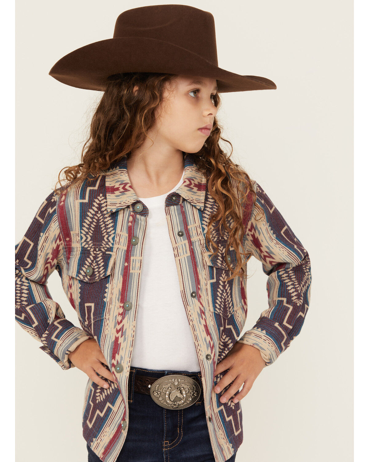 Image #1 - Shyanne Girls' Southwestern Striped Print Long Sleeve Snap Shacket, Fuchsia, hi-res