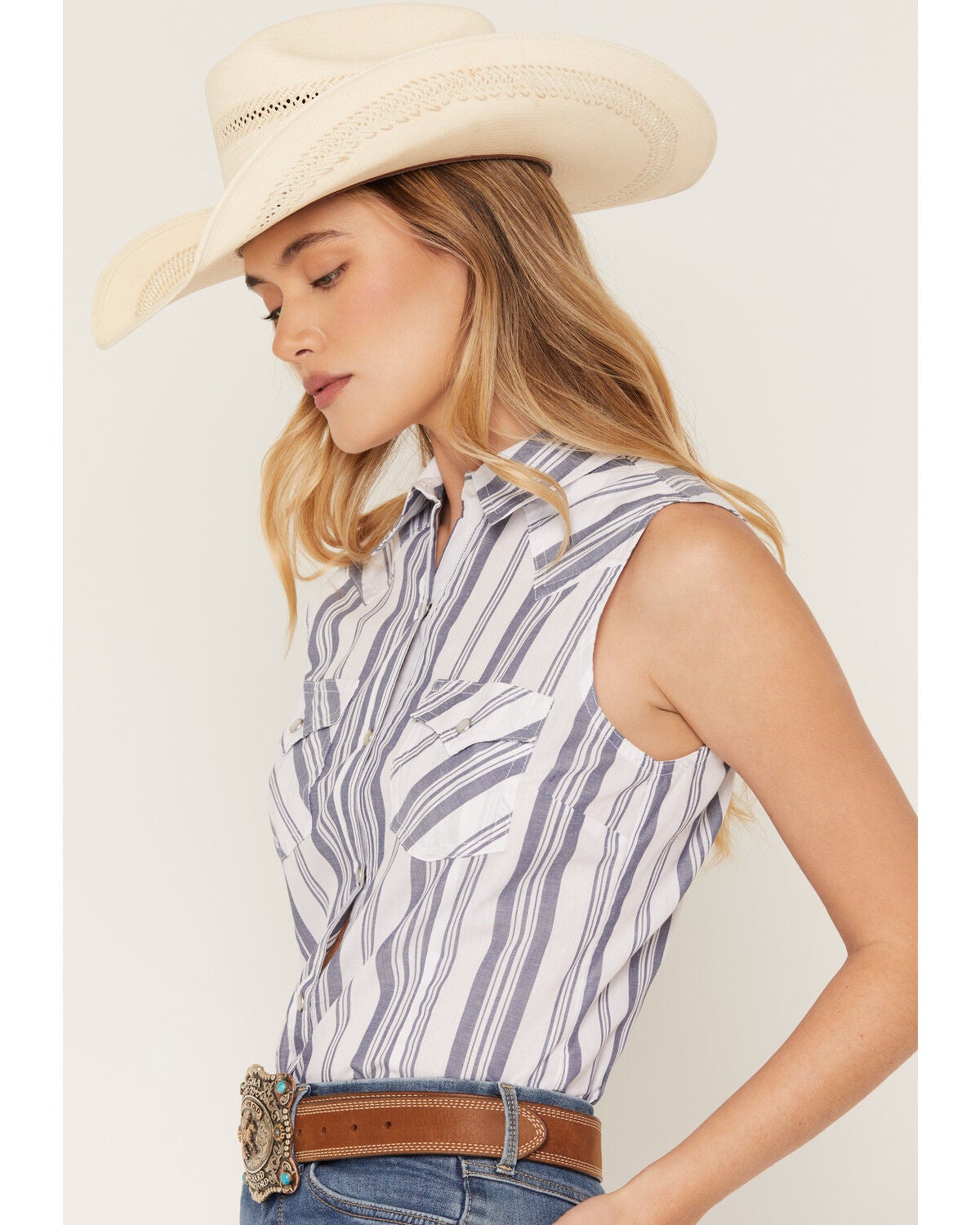 Image #2 - Wrangler Retro Women's Boot Barn Exclusive Striped Sleeveless Pearl Snap Western Shirt, Blue, hi-res