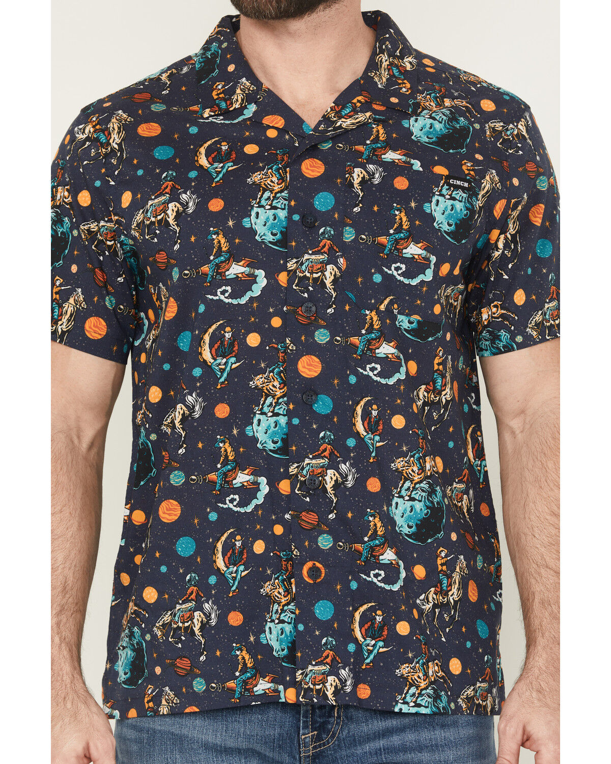 Image #3 - Cinch Men's Camp Space Cowboy Short Sleeve Button-Down Western Shirt, Navy, hi-res