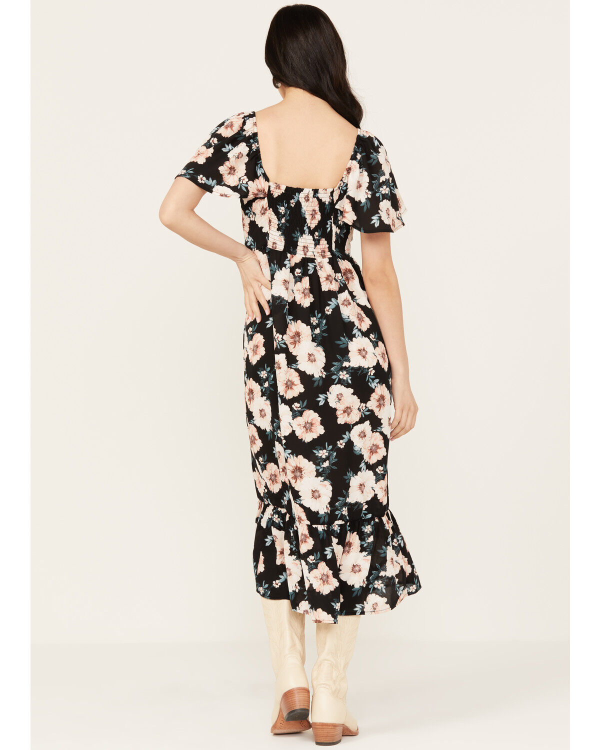 Image #3 - Wild Moss Women's Smocked Front Floral Midi Dress, Black, hi-res