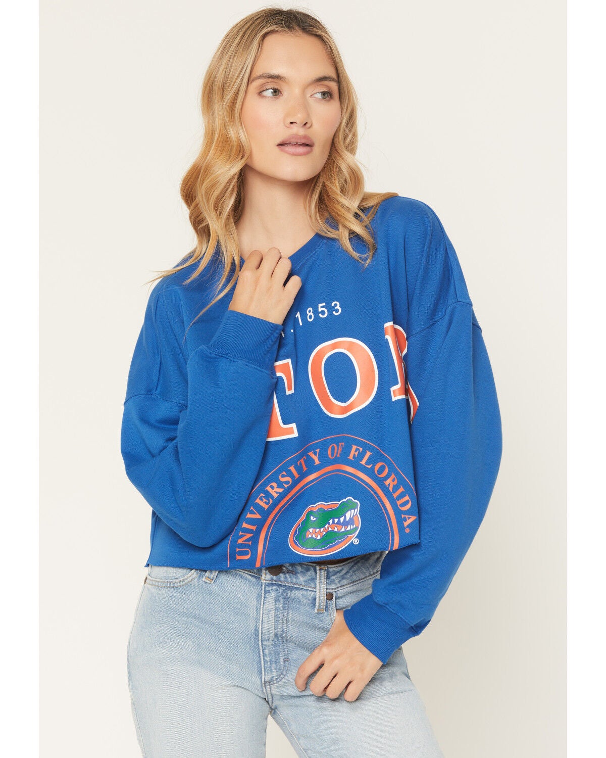 Gameday Women's University of Florida Split Long Sleeve Cropped Graphic Tee, Royal Blue, hi-res