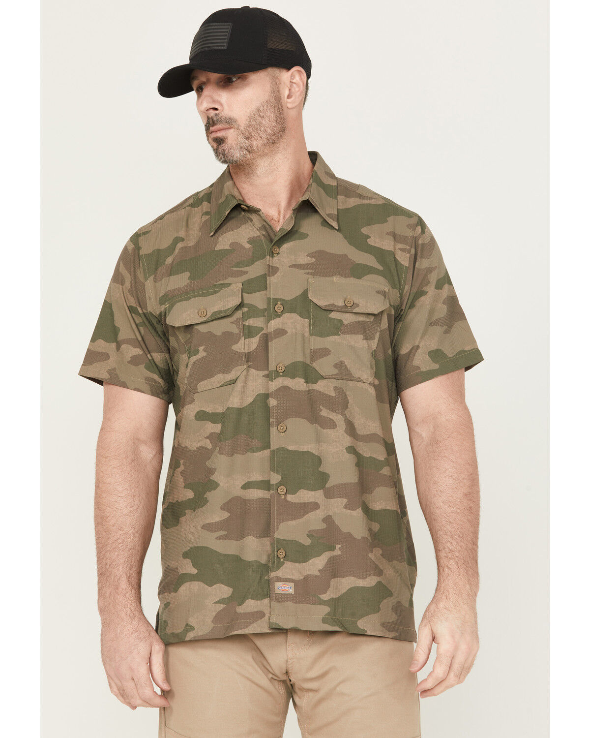 Image #1 - Dickies Men's Camo Print Short Sleeve Button-Down Performance Work Shirt, Camouflage, hi-res
