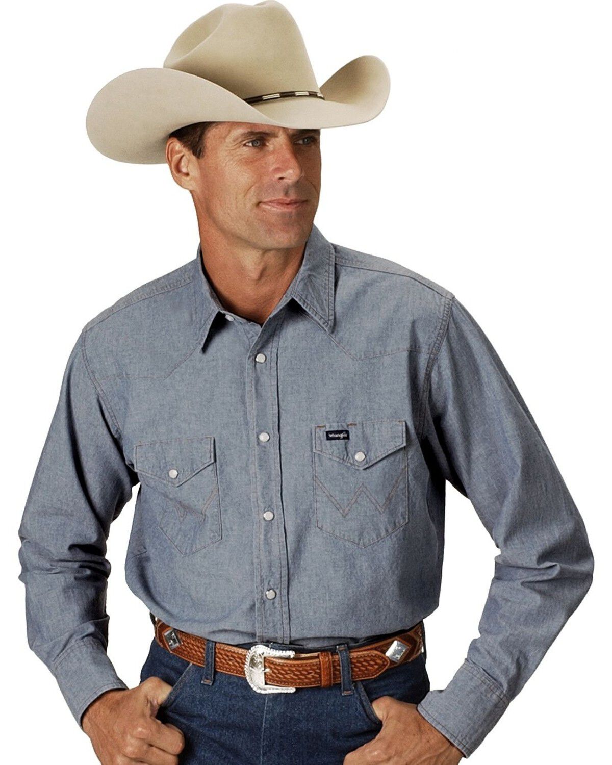 Wrangler Men's Solid Chambray Long Sleeve Work Shirt, Chambray, hi-res