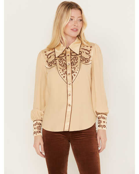 Shyanne Women's Long Sleeve Embroidered Western Snap Shirt, Taupe, hi-res