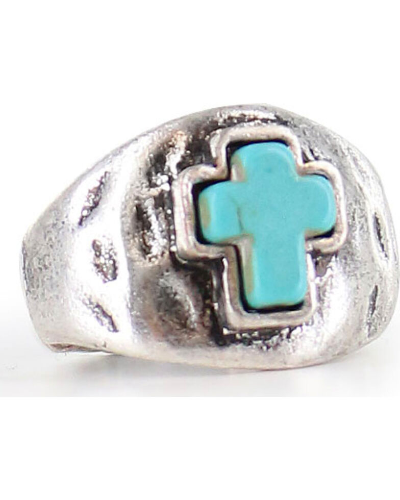 Shyanne Women's Antiqued Turquoise Cross Ring, Silver, hi-res
