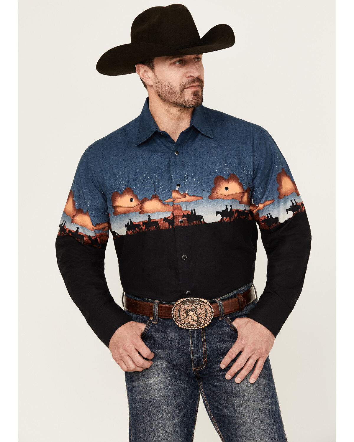 Image #1 - Panhandle Men's Scenic Border Long Sleeve Snap Western Shirt, Black, hi-res