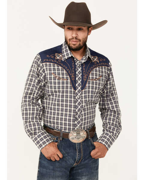 Image #1 - Roper Men's Plaid Print Embroidered Long Sleeve Pearl Snap Western Shirt, Blue, hi-res