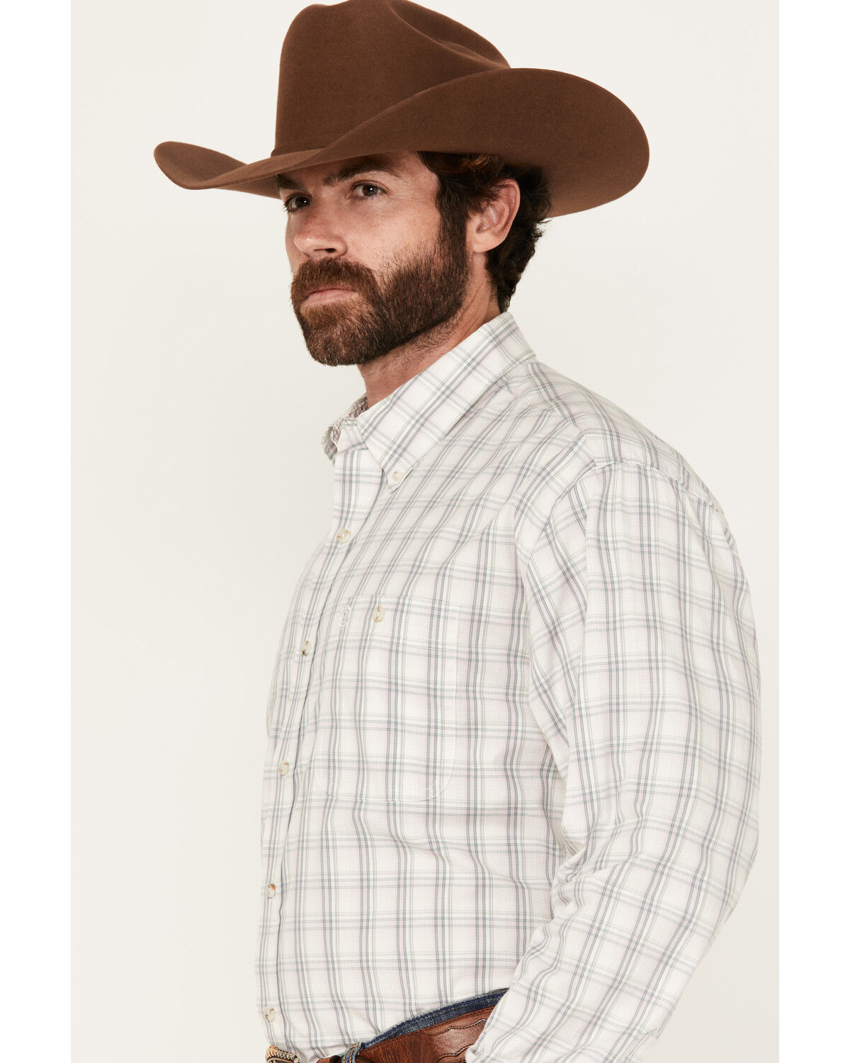 Image #2 - George Strait by Wrangler Men's Plaid Print Long Sleeve Button-Down Stretch Western Shirt, Light Grey, hi-res