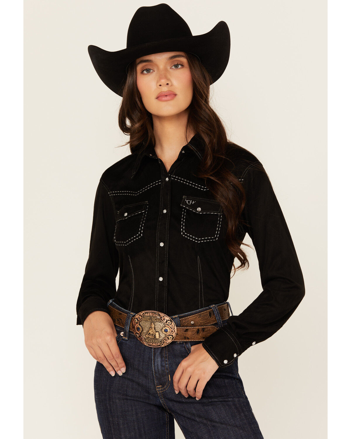 Image #1 - Cowgirl Hardware Women's Faux Suede Long Sleeve Snap Western Shirt, Black, hi-res