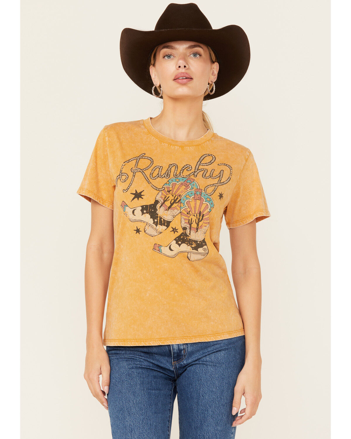 Image #1 - Rock & Roll Denim Women's Ranchy Short Sleeve Graphic Tee, Mustard, hi-res