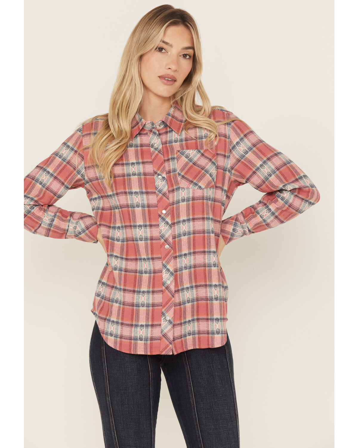 Image #1 - Idyllwind Women's Savoy Plaid Print Long Sleeve Pearl Snap Flannel Shirt, Rose, hi-res