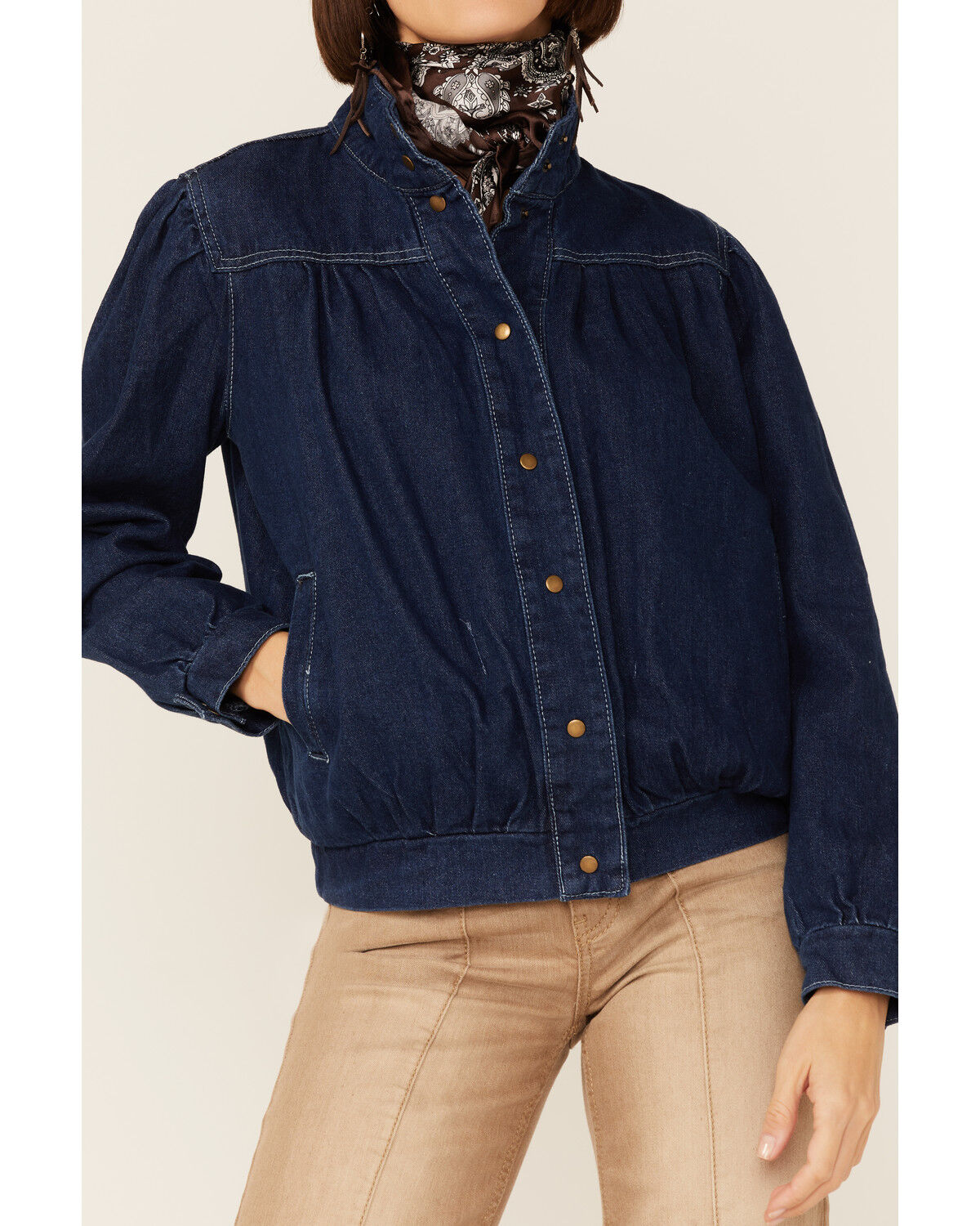 Image #2 - Molly Bracken Women's Track Pleated Snap-Front Denim Jacket, Blue, hi-res