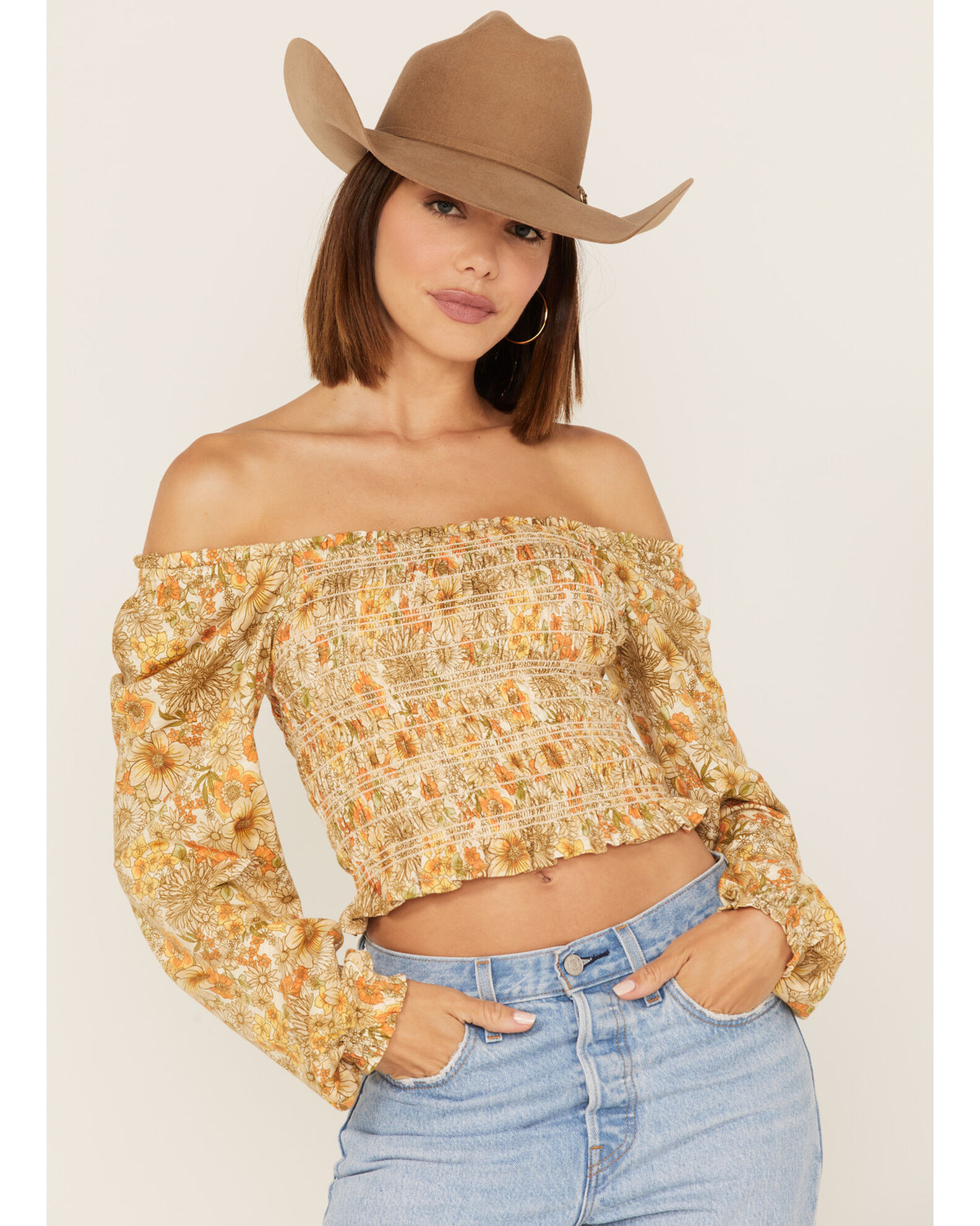 Image #1 - Jolt Women's Floral Print Smocked Long Sleeve Crop Top, Ivory, hi-res