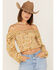 Image #1 - Jolt Women's Floral Print Smocked Long Sleeve Crop Top, Ivory, hi-res