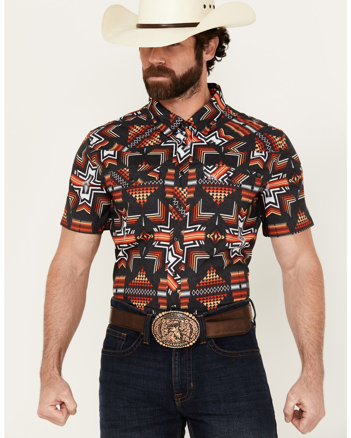 Image #1 - Rock & Roll Denim Men's Southwestern Short Sleeve Snap Western Shirt, Black, hi-res