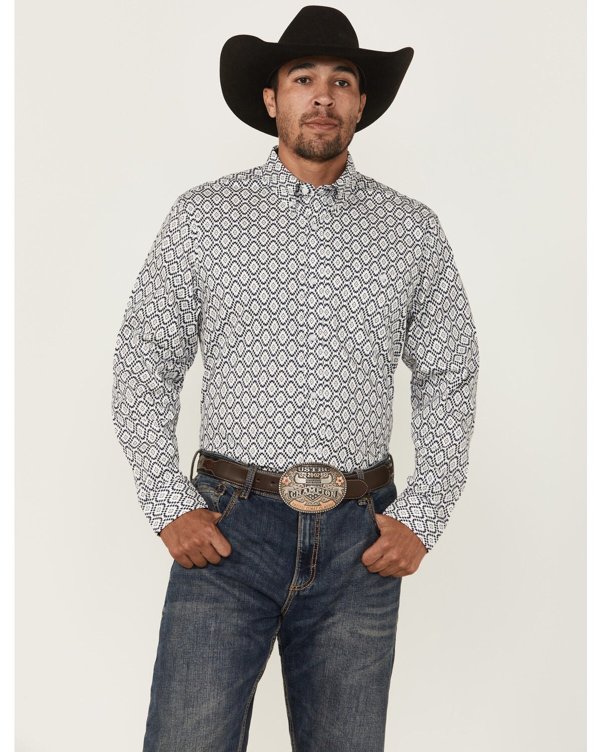 RANK 45&reg; Men's Desert Walk Medallion Print Long Sleeve Button-Down Stretch Western Shirt, Blue, hi-res