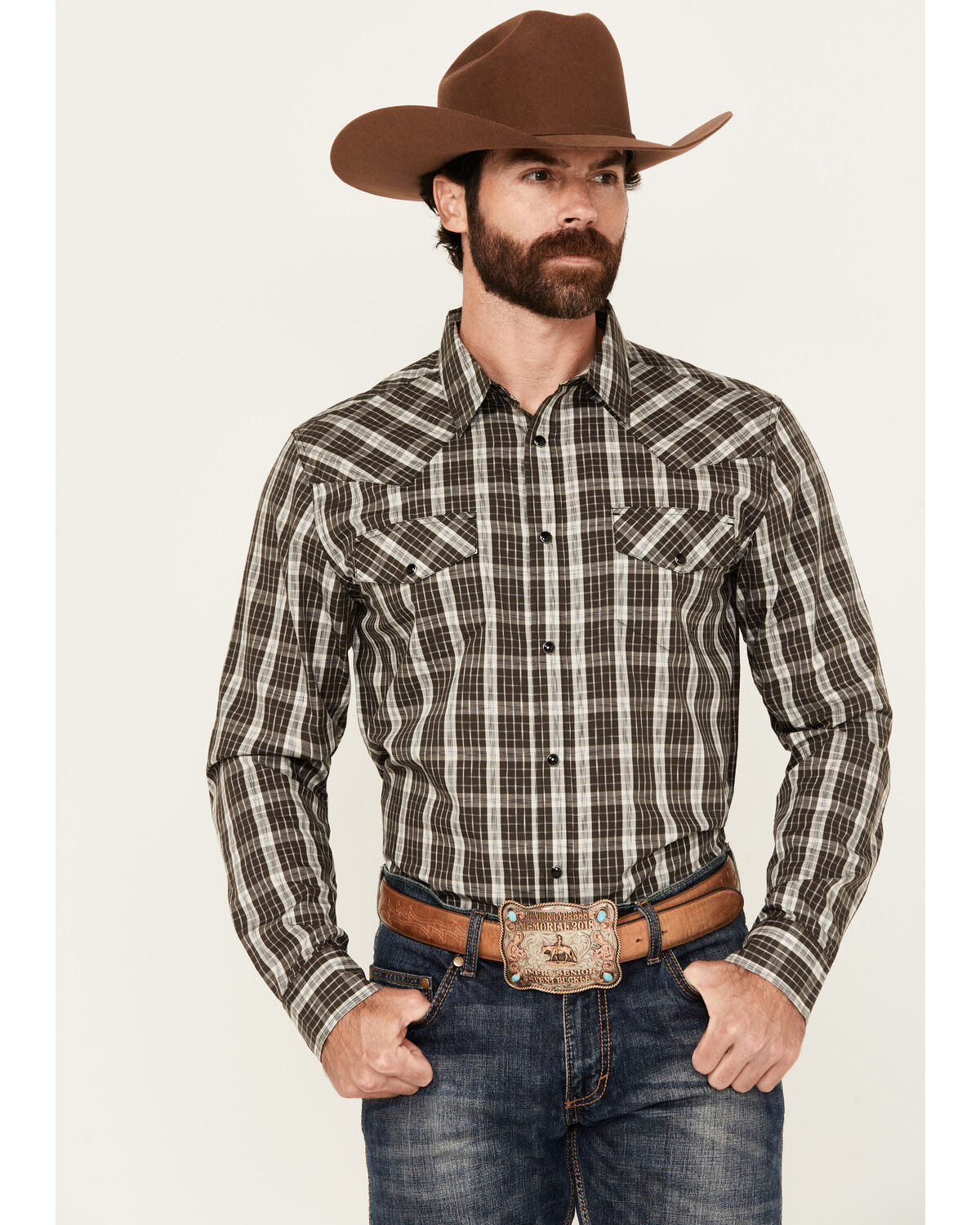 Image #1 - Gibson Trading Co Men's Dark Knight Plaid Print Long Sleeve Snap Stretch Western Shirt, Black, hi-res