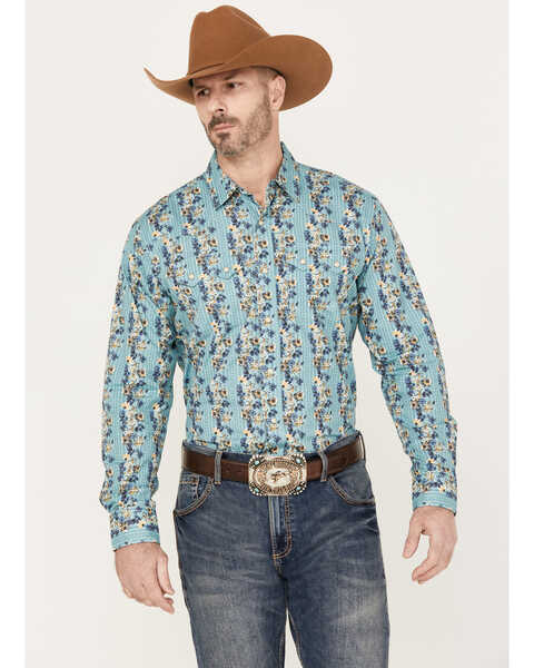 Image #1 - Ariat Men's Hains Retro Fit Snap Long Sleeve Western Shirt, Aqua, hi-res