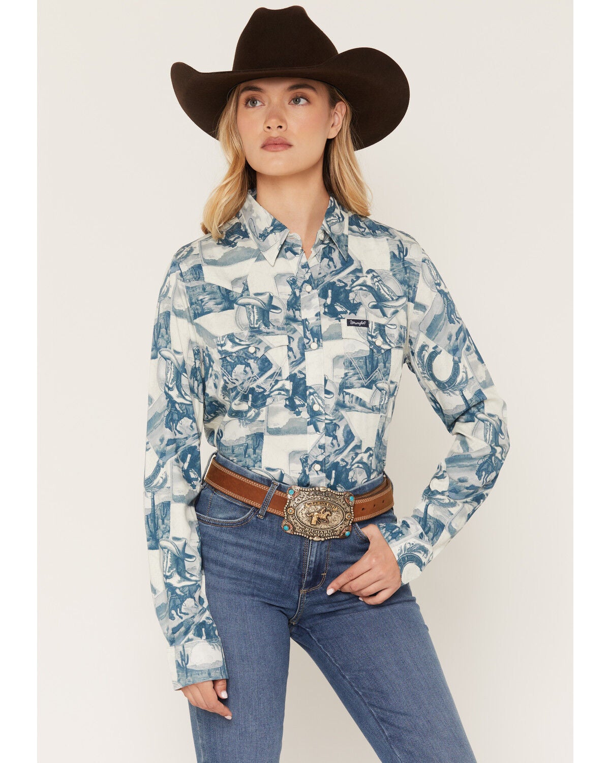 Wrangler Retro Women's Western Conversational Print Long Sleeve Snap Western Shirt, Blue, hi-res