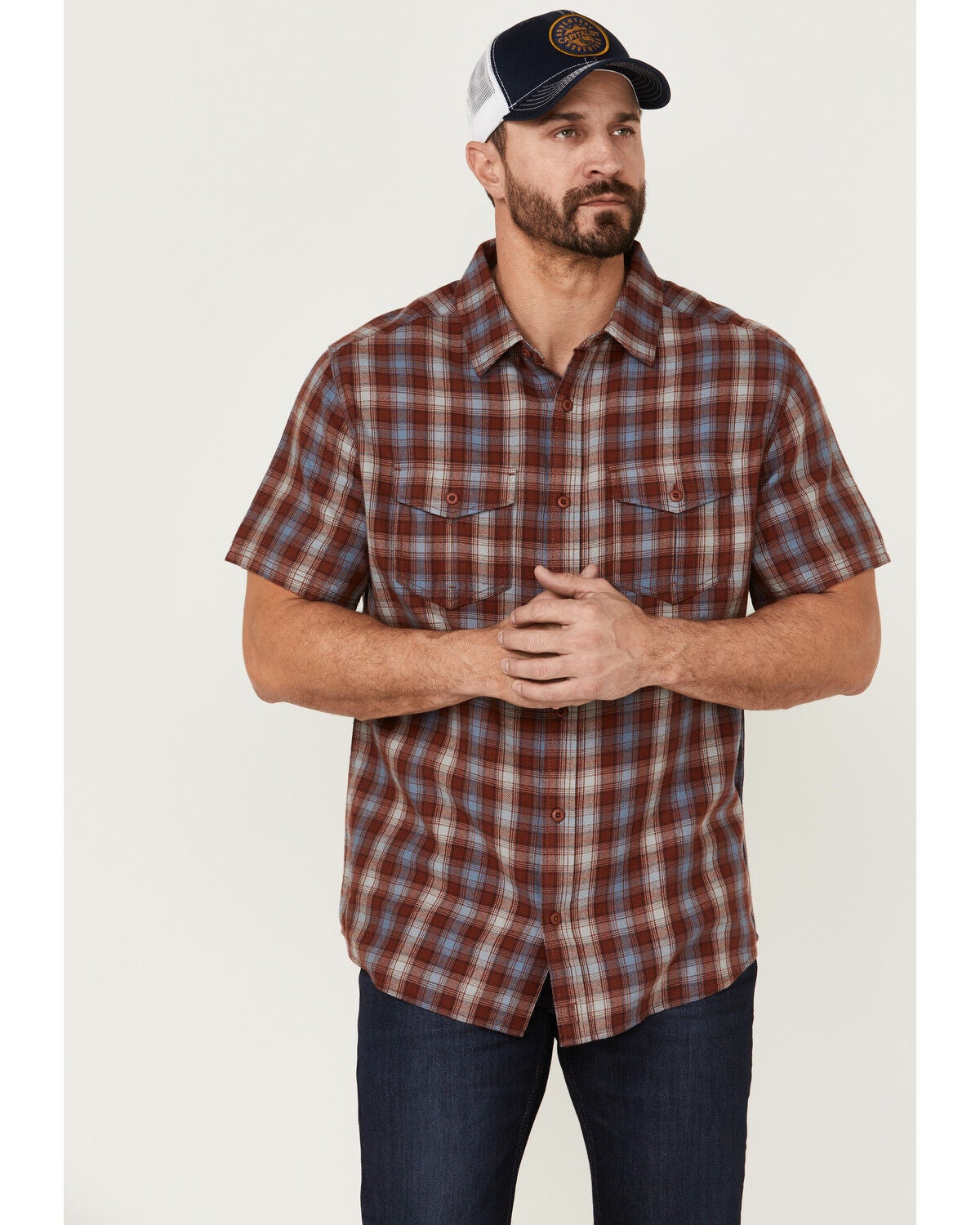 Brothers and Sons Men's Plaid Casual Woven Short Sleeve Button-Down Western Shirt, Red, hi-res