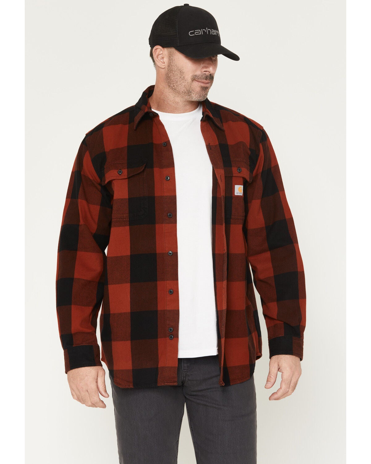 Image #1 - Carhartt Men's Heavyweight Plaid Print Long Sleeve Button-Down Flannel Shirt, Red, hi-res