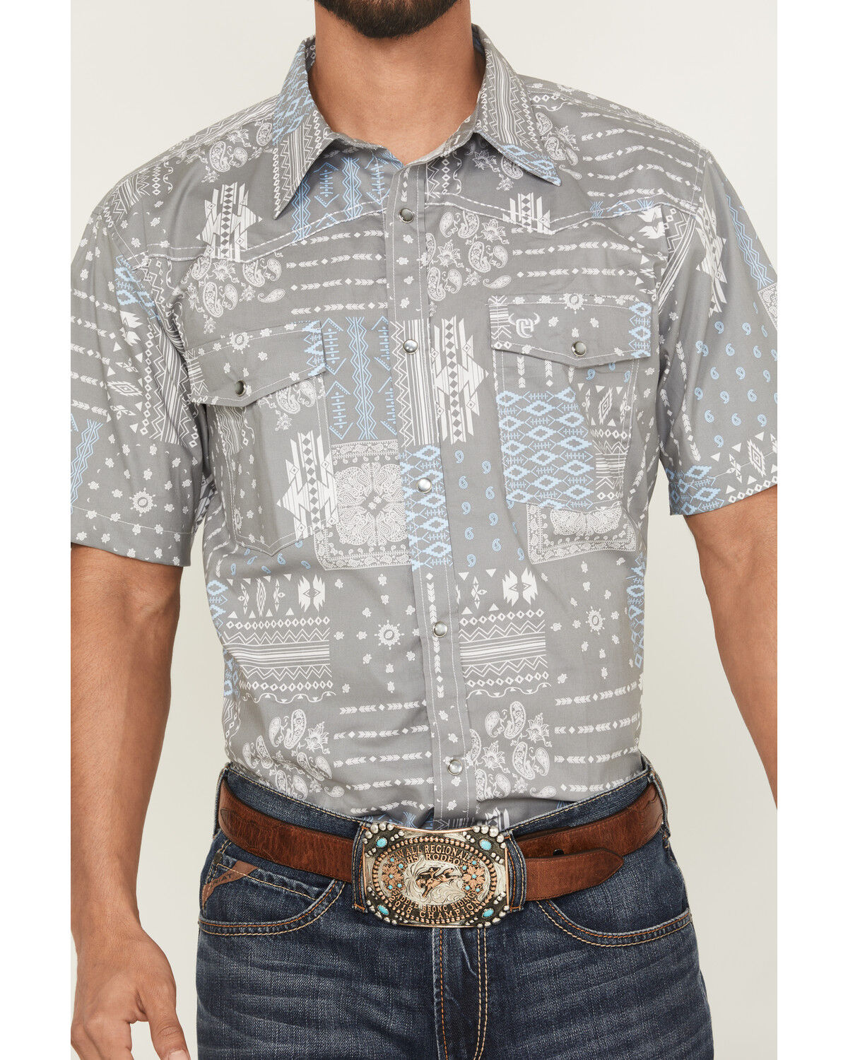 Image #3 - Cowboy Hardware Men's Southwestern Bandana Print Short Sleeve Snap Western Shirt, Grey, hi-res