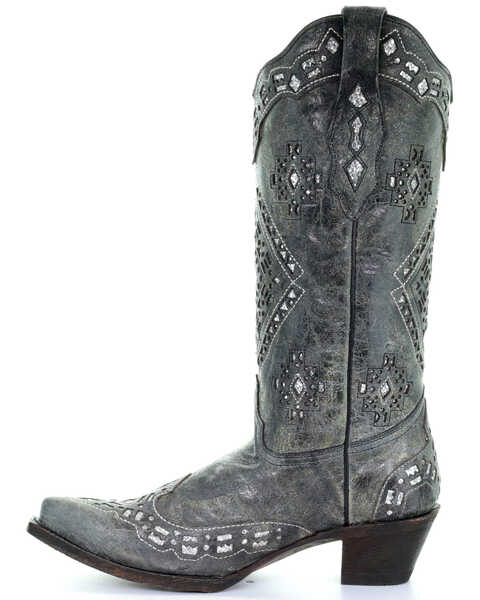 Image #3 - Corral Women's Glitter Inlay Western Boots - Snip Toe, Black Distressed, hi-res