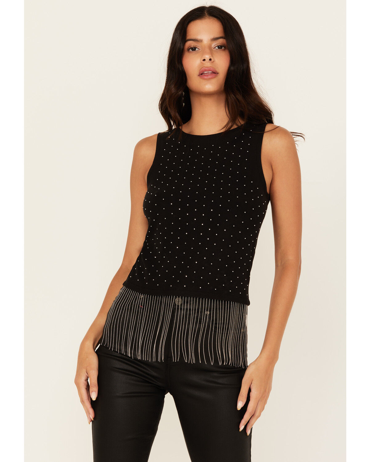 Image #1 - Rock & Roll Denim Women's Rhinestone Tassel Tank Top, Black, hi-res