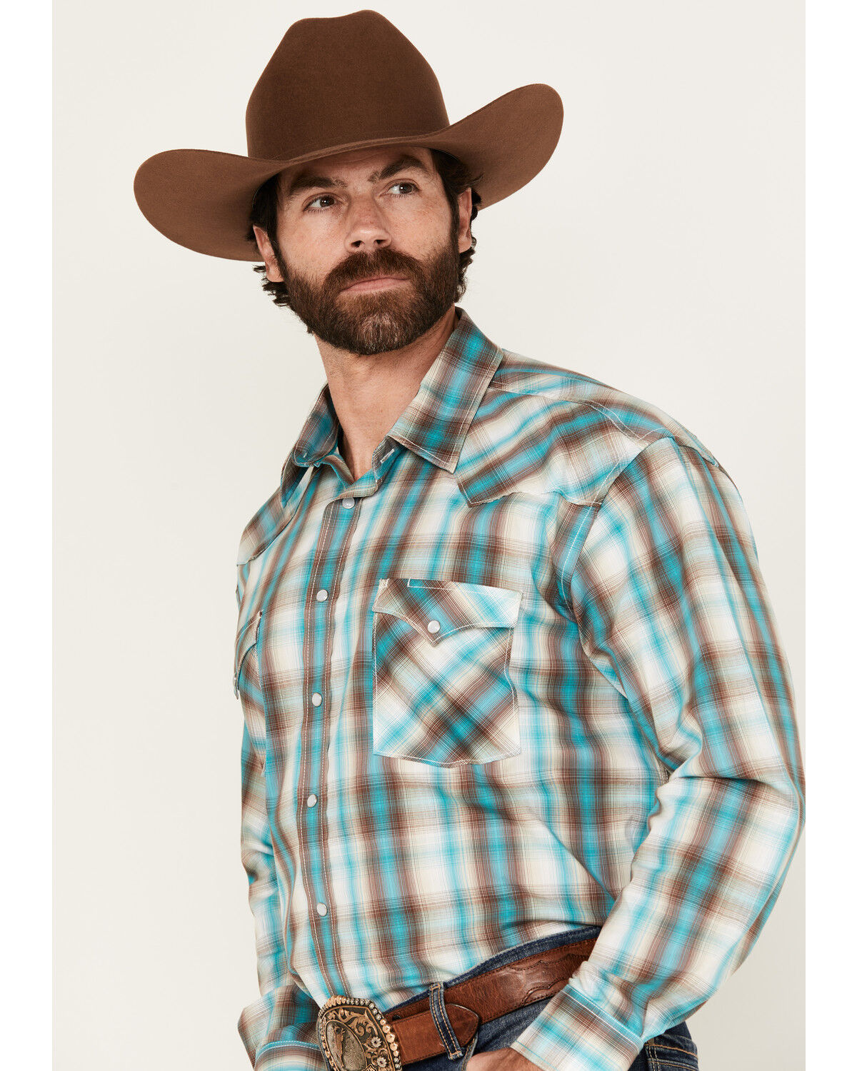 Image #2 - Panhandle Men's Boot Barn Exclusive Plaid Print Long Sleeve Snap Stretch Western Shirt, Turquoise, hi-res
