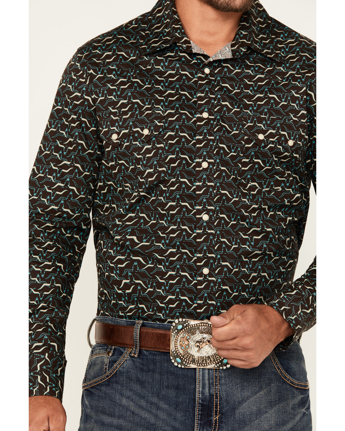 Image #3 - Rock & Roll Denim Men's Long Horn Print Long Sleeve Snap Stretch Western Shirt, Brown, hi-res