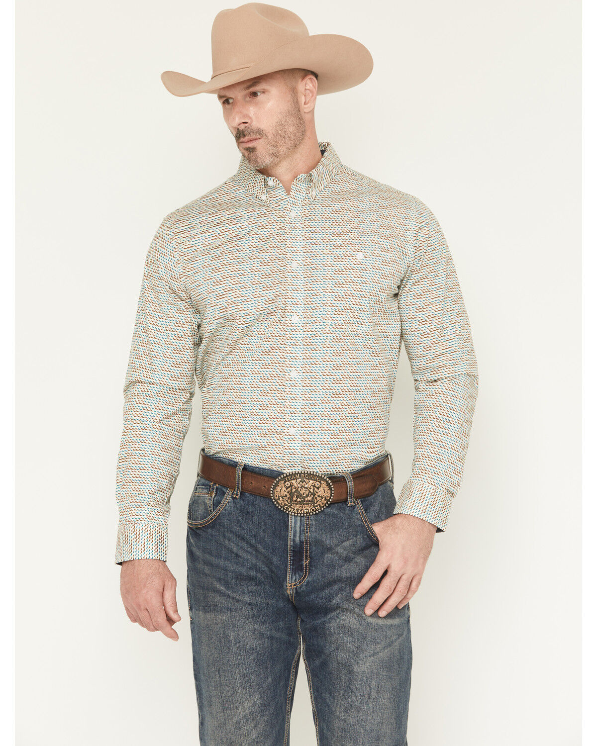Image #1 - RANK 45® Men's Six Shooter Geo Print Long Sleeve Button-Down Stretch Western Shirt, White, hi-res