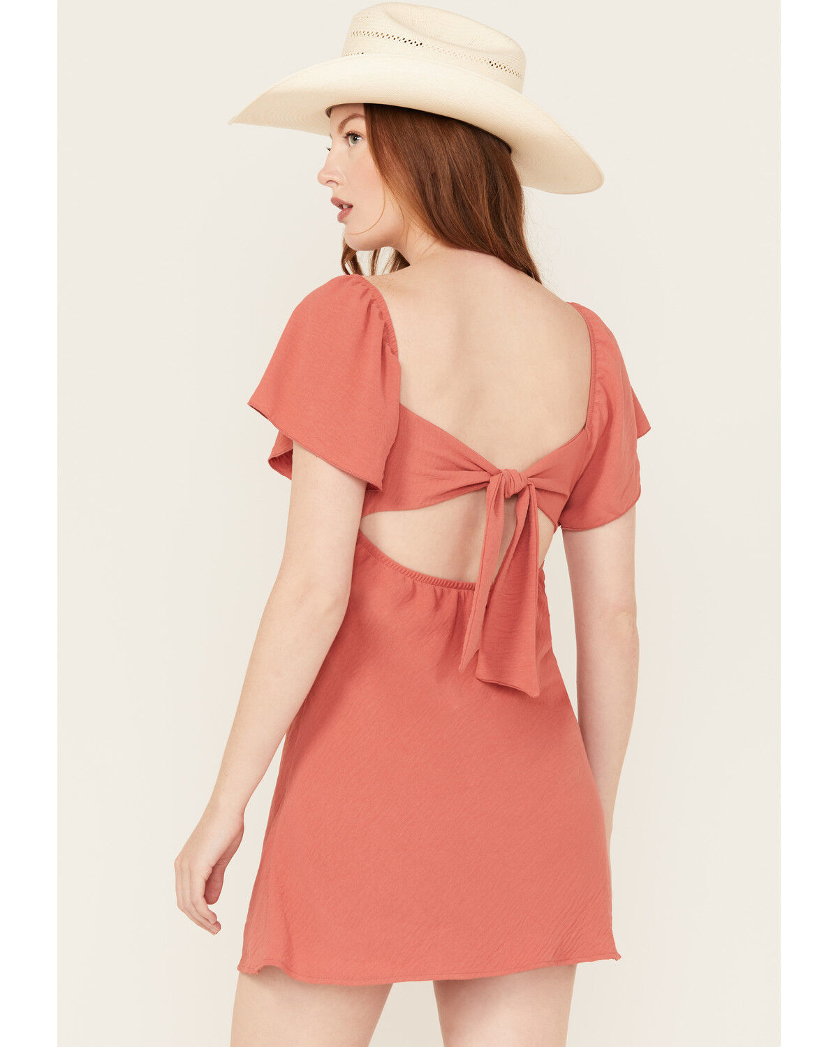 Image #4 - Originality Women's Emma Flutter Sleeve Tie-Back Mini Dress, Rust Copper, hi-res