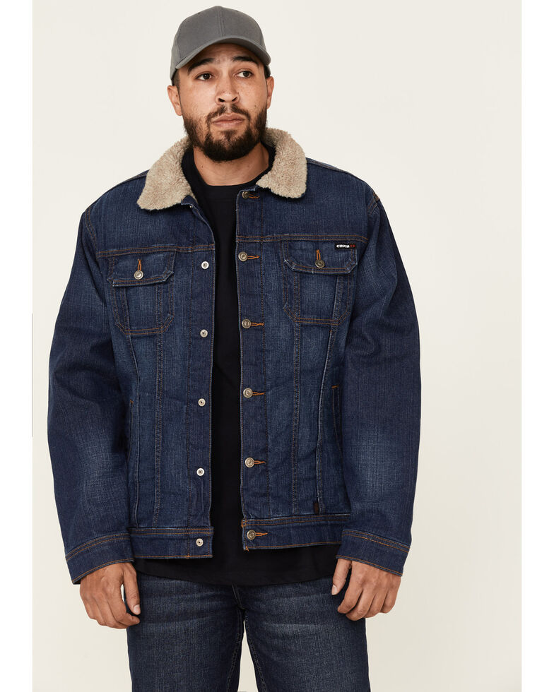 Cinch Men's FR Stretch Denim Sherpa Lined Trucker Work Jacket , Indigo, hi-res