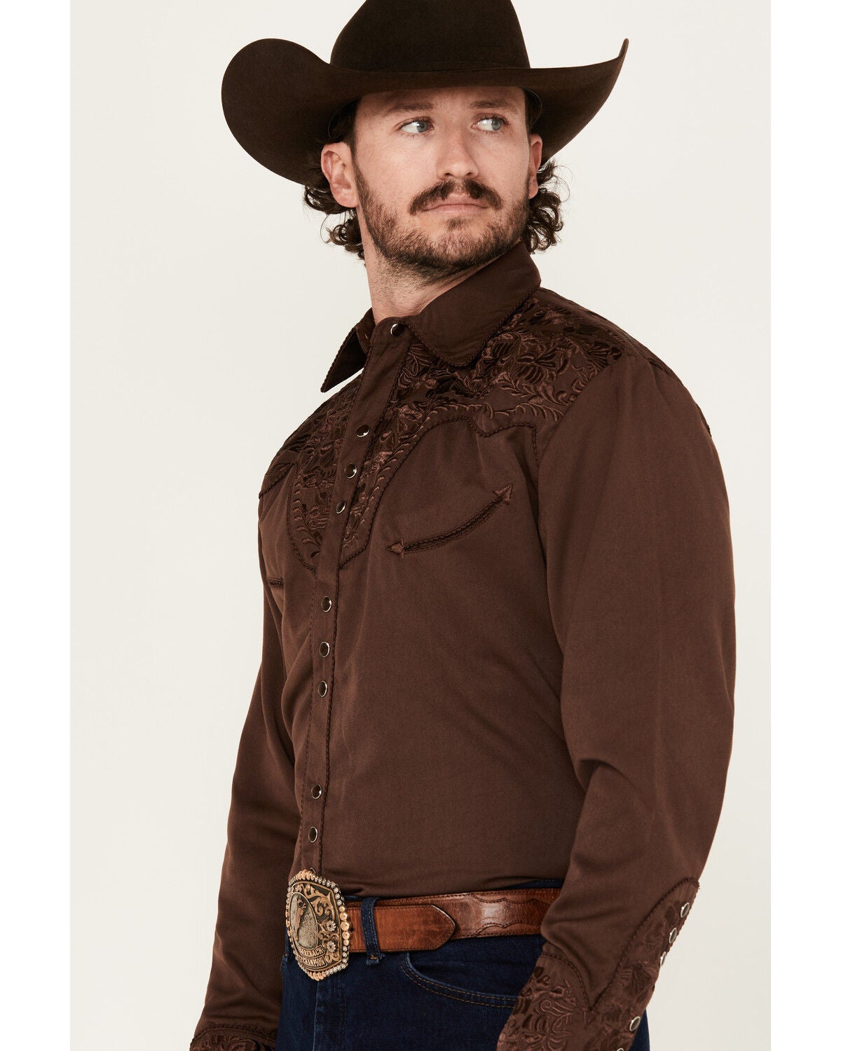 Image #2 - Scully Men's Gunfighter Long Sleeve Pearl Snap Western Shirt, Brown, hi-res