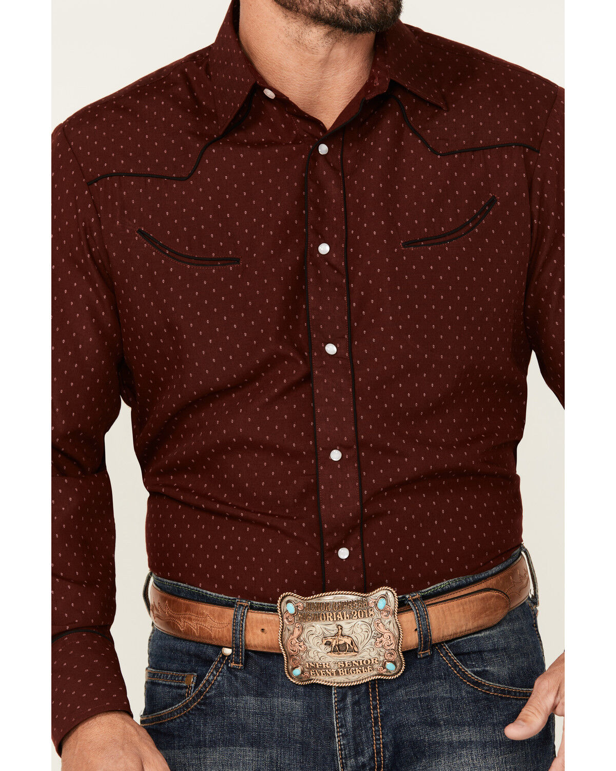 Image #3 - Roper Men's Printed Long Sleeve Pearl Snap Western Shirt, Wine, hi-res