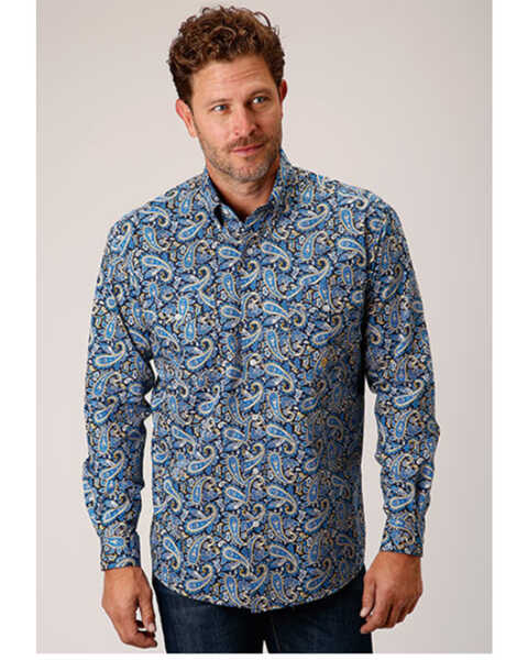 Roper Men's Amarillo Paisley Print Long Sleeve Button Down Western Shirt, Blue, hi-res